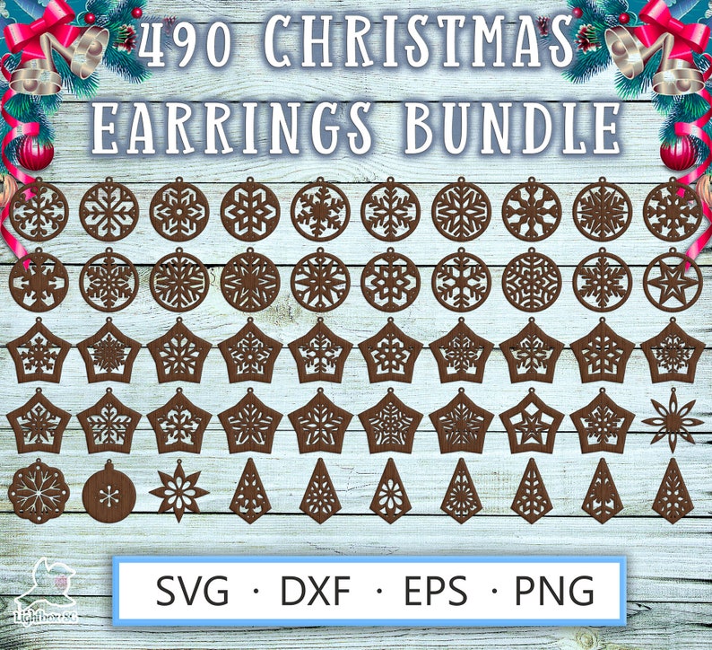 Laser cut earrings template SVG DXF for Cricut, Glowforge, Silhouette – winter Christmas bundle with 490 wood craft designs including snowflakes, perfect plywood design files for festive jewelry making