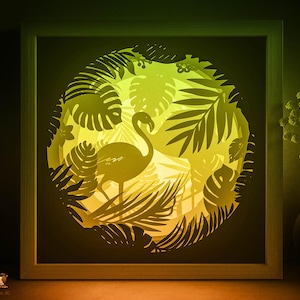 Tropical Flamingo Shadow box SVG Template, Palm leaves Papercut Lightbox cricut SVG, 3D layered Paper cut Light box DXF Papercraft