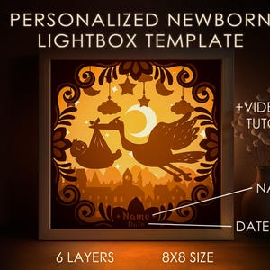 Personalisierte Neugeborene Schattenbox SVG-Vorlage, benutzerdefinierte Baby Geburtstag Name Datum Papierschnitt Lightbox Cricut SVG, 3D-Schicht Papierschnitt Lightbox