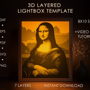 モナリザ シャドーボックス SVG テンプレート、ラ・ジョコンダ ペーパーカット ライトボックス cricut SVG、3D レイヤー ダ・ヴィンチ ペーパーカット ライトボックス DXF ペーパークラフト