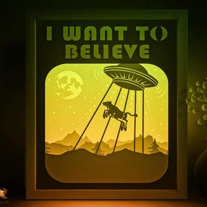 UFO Abducts Cow Shadow box SVG Template, Alien Sci-fi poster Silhouette Papercut Lightbox cricut, 3D layered Paper cut Light box DXF