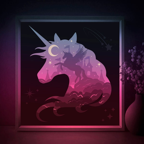 Unicorn Shadow box SVG Template, Fairytale Pegasus Papercut Lightbox cricut SVG, 3D layered Paper cut Light box DXF Papercraft