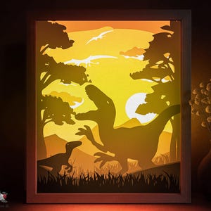 Modello SVG per scatola ombra dinosauro T-rex, Jurassic Park Papercut Lightbox Cricut SVG, scatola luminosa in carta tagliata a strati 3D DXF Papercraft