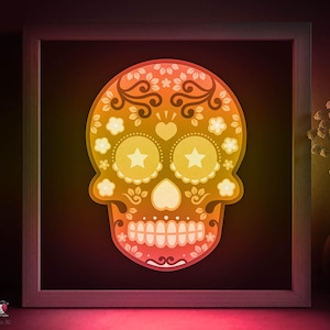 Modello SVG per scatola ombra teschio di zucchero, scatola luminosa in carta tagliata per il giorno dei morti messicano cricut SVG, scatola luminosa in carta tagliata a strati 3D per Halloween DXF Papercraft