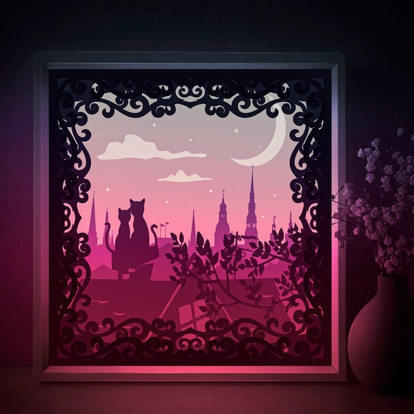 Cats on roof fairytale Shadow box SVG Template, Love cats Papercut Lightbox cricut SVG, 3D layered Paper cut Light box DXF Papercraft