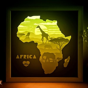 Africa Map Scape Shadow box SVG Template, Safari Animals Papercut Lightbox cricut SVG, 3D layered Nature Paper cut Light box DXF Papercraft