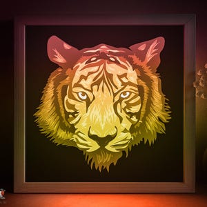 Tier Tiger Schattenbox SVG-Vorlage, große Katze Papierschnitt Lightbox Cricut SVG, 3D-Schicht Papierschnitt Lightbox DXF Papercraft