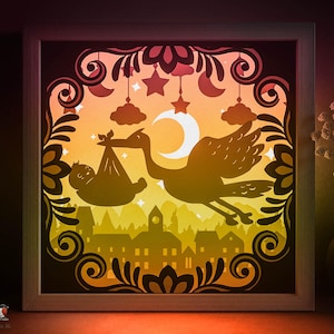 Modello SVG per scatola ombra cicogna neonato, Lightbox carta tagliata compleanno bambino Cricut SVG, Lightbox carta tagliata a strati 3D DXF Papercraft