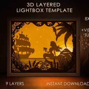 Modèle SVG de boîte d'ombre de sirène de mer, le lever de soleil romantique Papercut Lightbox cricut SVG, papier de conte de fées en couches 3D découpé boîte lumineuse DXF Papercraft
