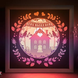Home Sweet Home Shadow box SVG Template, Carino biglietto Papercut Lightbox Cricut SVG, 3D layered Papercut Light box DXF Papercraft