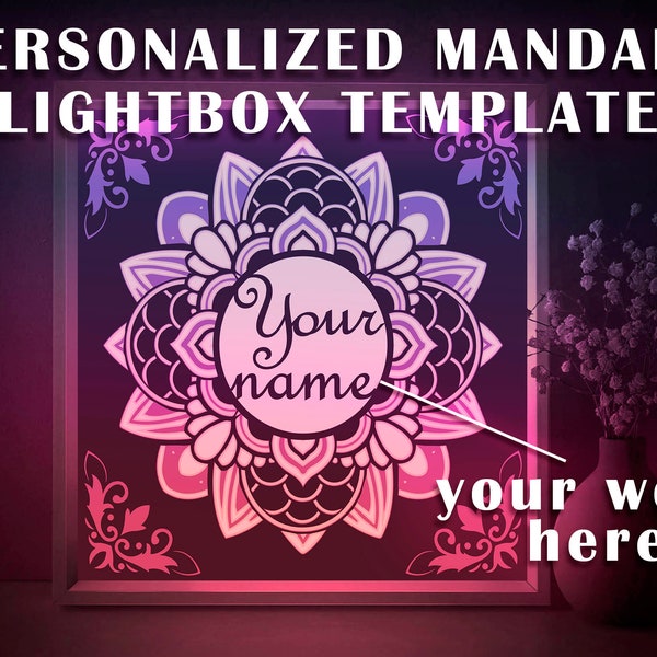 Personalized Sign Shadow box SVG Template, Your name Mandala flower Papercut Lightbox cricut SVG, 3D layered Paper cut Light box Papercraft