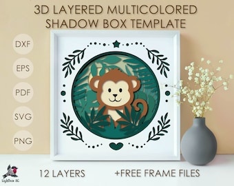 Baby Monkey Shadow box SVG Template, Tropical Colored Papercut Shadow box cricut SVG, 3D layered Paper cut Card box Papercraft Cardstock DXF