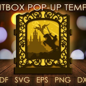 Plantilla SVG de caja de luz emergente de Dragon Knight, caja de luz de corte de papel medieval de fantasía, tarjeta Cricut SVG, caja de luz de corte de papel en capas 3D, DXF, linterna