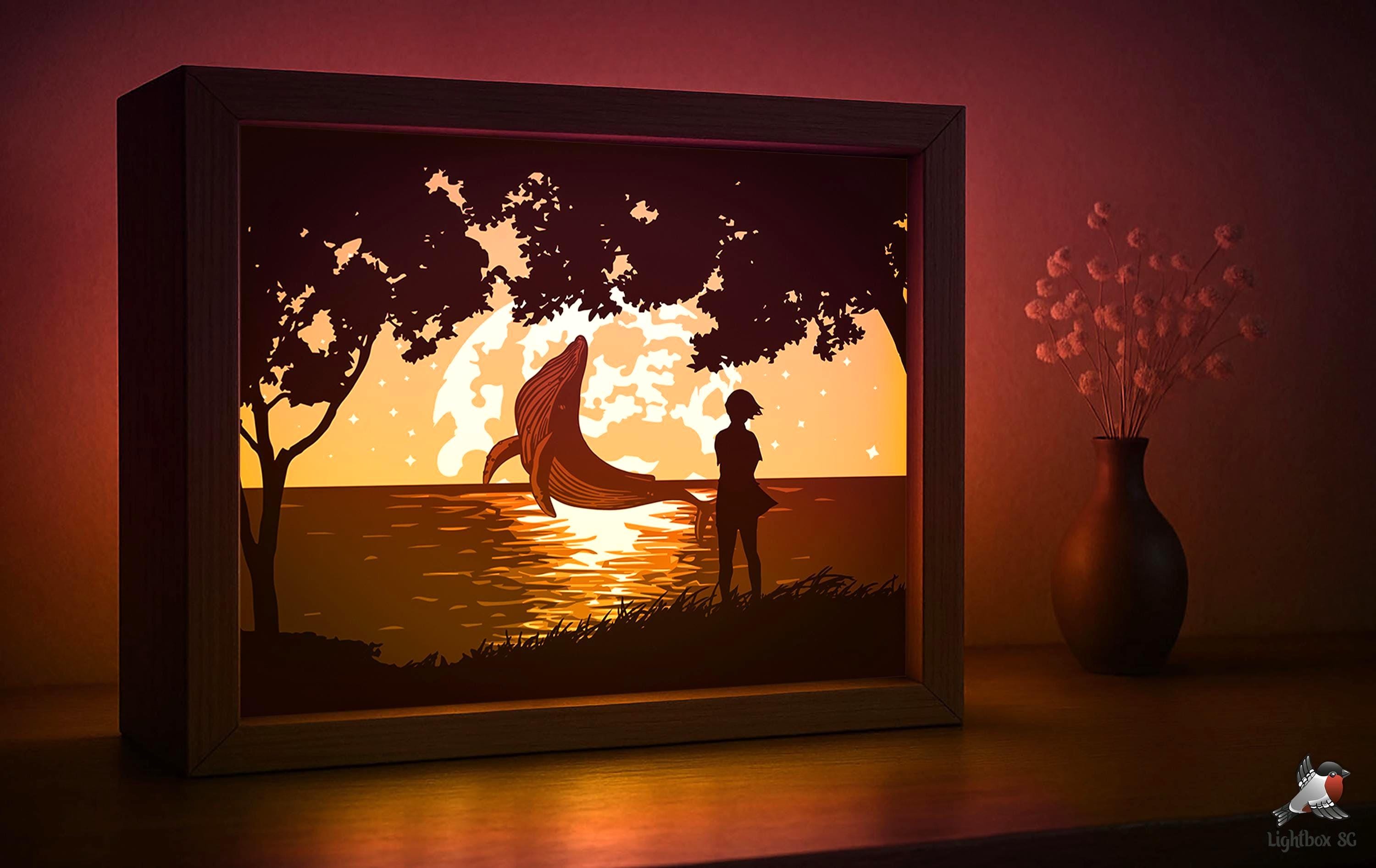 Flying Whale Fantasy Shadow Box SVG Template, Anime Ocean Papercut ...