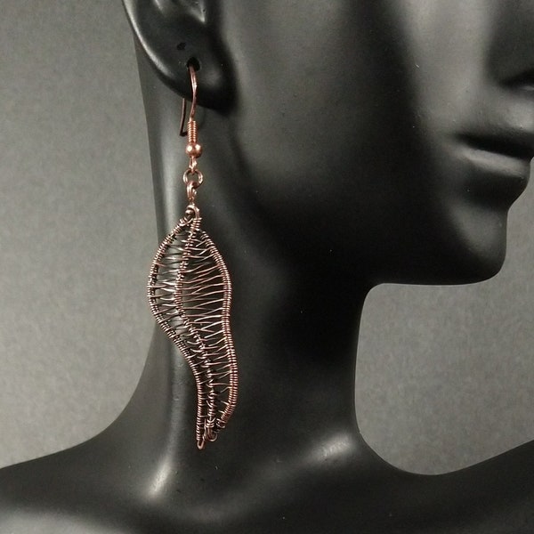 Antiqued copper leaf earrings dangle copper wire wrapped leaf earrings dainty copper leaf jewelry gardeners gift for her botanical gifts