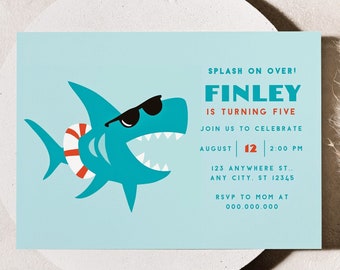 Editable Modern Shark Birthday Invitation, Splash On Over Invitation, Shark Themed Birthday, Fin-Tastic Invitation, Summer Birthday Invite