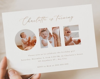 Editable First Birthday Invitation, 1st Birthday Party Invite, Minimalist Boho 1st Boy, Birthday Girl Birthday, Gold Modern Invite