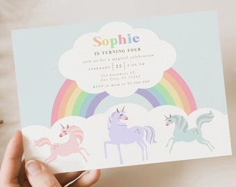 Unicorn Birthday Invitation Template, Unicorns and Rainbow Invite, Magical Celebration, Editable Pastel Unicorn Invitation, Girl Birthday
