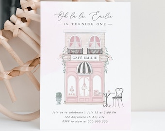 Editable Paris First Birthday Invitation, French Patisserie, Parisian Cafe Invitation, French Bakery, Paris Cafe, Eiffel Tower Invitation