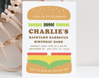 Editable BBQ Birthday Invitation, Backyard Barbecue, Grill And Chill, Burger Birthday Invitation, Fastfood invite, Backyard Party Template