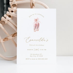 Editabe Minimalistic Ballerina Birthday Invitation, Pink And Gold Ballerina Shoes Invite, Glitter Ballerina Birthday, Ballerina Theme Invite