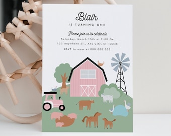Editable Pink Farm Invitation, Any Age Girl Birthday Invitation, Modern Pink Barnyard Invitation Download, Farm Animals Birthday Theme