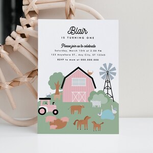 Editable Pink Farm Invitation, Any Age Girl Birthday Invitation, Modern Pink Barnyard Invitation Download, Farm Animals Birthday Theme