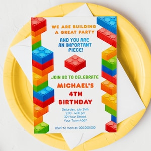 Bausteine Einladung, Bunte Jungen Einladung, Regenbogen Invite, Bausteine Party, Blocks Geburtstag einladen, Bearbeitbares Evite