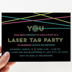 Editable Laser Tag Party Invitation, Modern Laser Tag Birthday Invitation, Neon Glow Laser Tag Party Invite, Boy Or Girl Laser Invitation