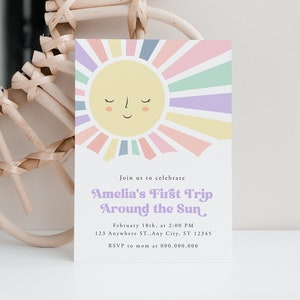 Editable First Trip Around The Sun Invitation, Girl First Birthday Invitation, Colorful Pastel 1st Birthday Invite, Smiling Sun Invite