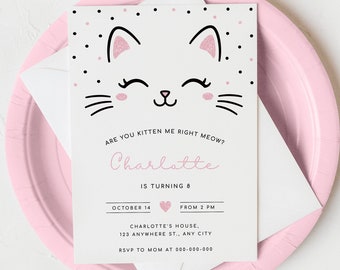 Invitation d'anniversaire chaton moi modifiable, invitation de fête d'anniversaire chat paillettes roses, invitation d'anniversaire chat de tout âge