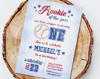 First Birthday Baseball Invitation, Rookie Of the Year Invitation, Our Little Slugger Invite, Sports Birthday Party, Editable Boy invitation