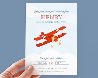 Editable Vintage Airplane Invitation, Any Age Boy Invite, Flying Birthday, How Time Flies Invitation Template, Red Airplane Birthday Invite