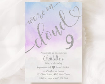 Editable Cloud 9 Birthday Invitation, Silver Glitter Birthday Invitation, Ninth Birthday Party, Sky And Cloud Invite, Printable Invitation
