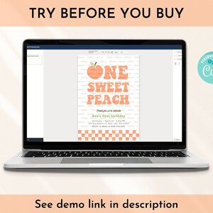 Editable One Sweet Peach Birthday Invitation, Retro Peach 1st Birthday Invitation, Groovy Peach Invite, Sweet As A Peach First Birthday image 6