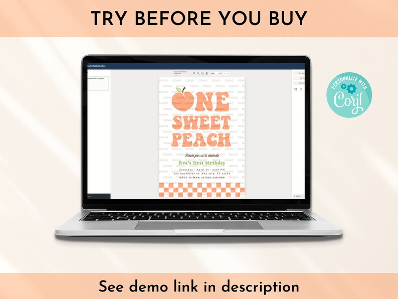 Editable One Sweet Peach Birthday Invitation, Retro Peach 1st Birthday Invitation, Groovy Peach Invite, Sweet As A Peach First Birthday image 6