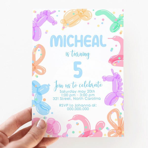 Balloon Animals Birthday, Unisex Birthday Invitation, Confetti Birthday Invite, Rainbow Birthday Invitation, Editable Birthday Invite