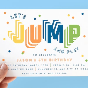 Invitación de salto editable, fiesta de trampolín, invitación a la casa de rebote de salto, saltemos y juguemos, invitación a la fiesta de salto, fiesta de cumpleaños del niño