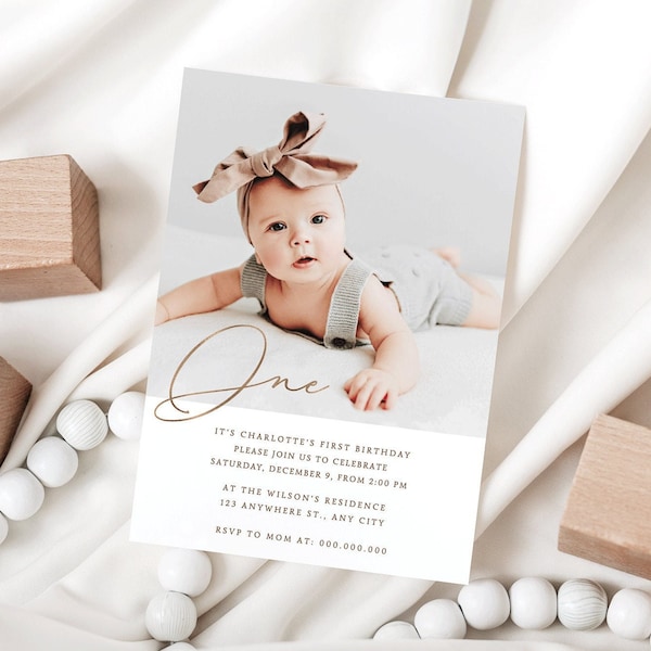 First Birthday Photo Invitation, Editable 1st Birthday Invitation, Gold First Birthday Invite, Minimalist Picture Invitation, Modern Invite