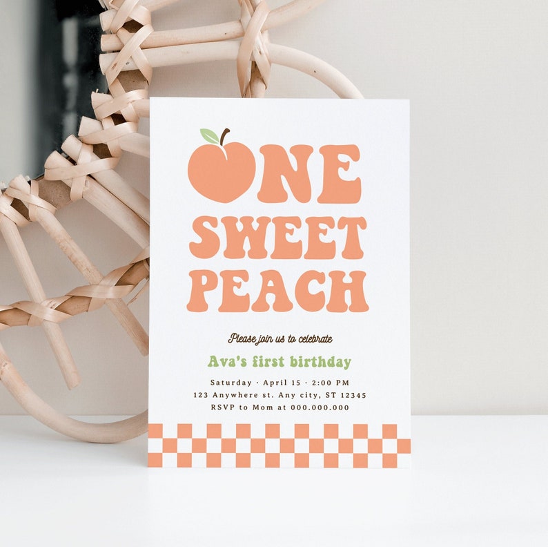 Editable One Sweet Peach Birthday Invitation, Retro Peach 1st Birthday Invitation, Groovy Peach Invite, Sweet As A Peach First Birthday image 1