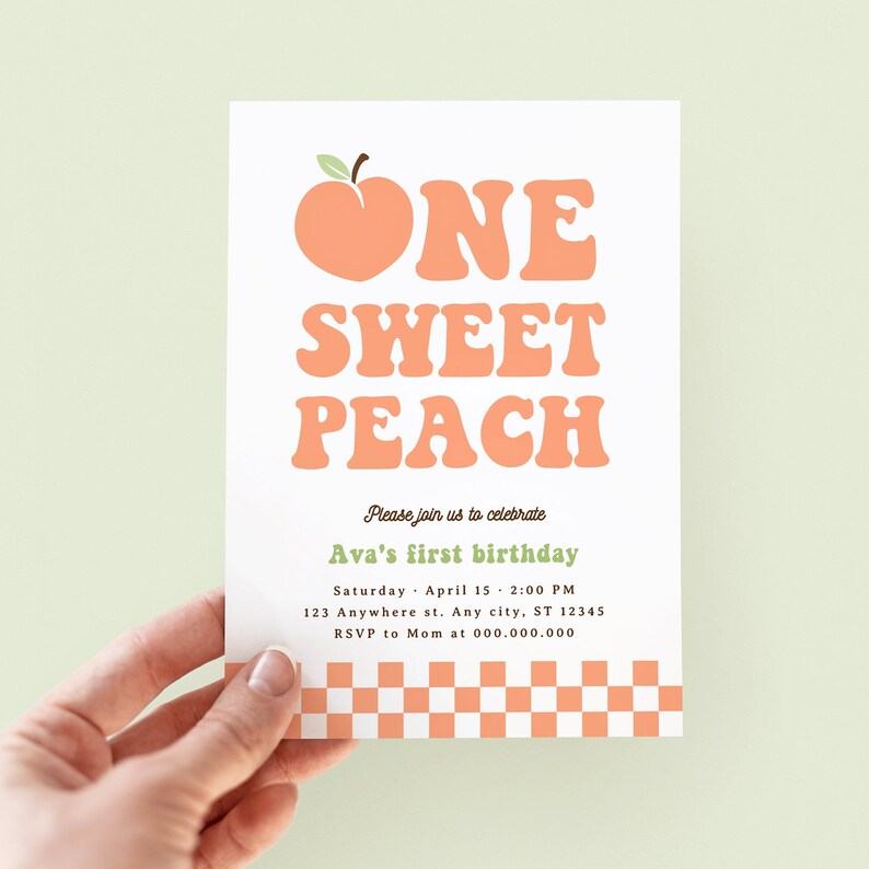 Editable One Sweet Peach Birthday Invitation, Retro Peach 1st Birthday Invitation, Groovy Peach Invite, Sweet As A Peach First Birthday image 2