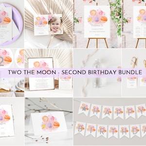 Editable Two The Moon Birthday Bundle, Printable Second Birthday Decor, Outer Space Birthday Package, Planets Party, Girl Second Birthday