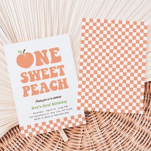 Editable One Sweet Peach Birthday Invitation, Retro Peach 1st Birthday Invitation, Groovy Peach Invite, Sweet As A Peach First Birthday image 3