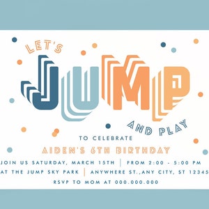Editable Jump Invitation, Trampoline Party, Jump Bounce House Invite, Let's Jump And Play, Jumping Party Invitation, Boy Birthday Party