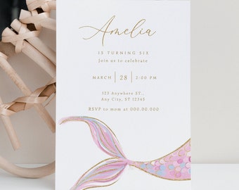 Editable Gold Mermaid Tail Invitation, Pink Mermaid Invitation, Modern Mermaid Invite, Simple Mermaid Birthday Invitation, Girl Birthday