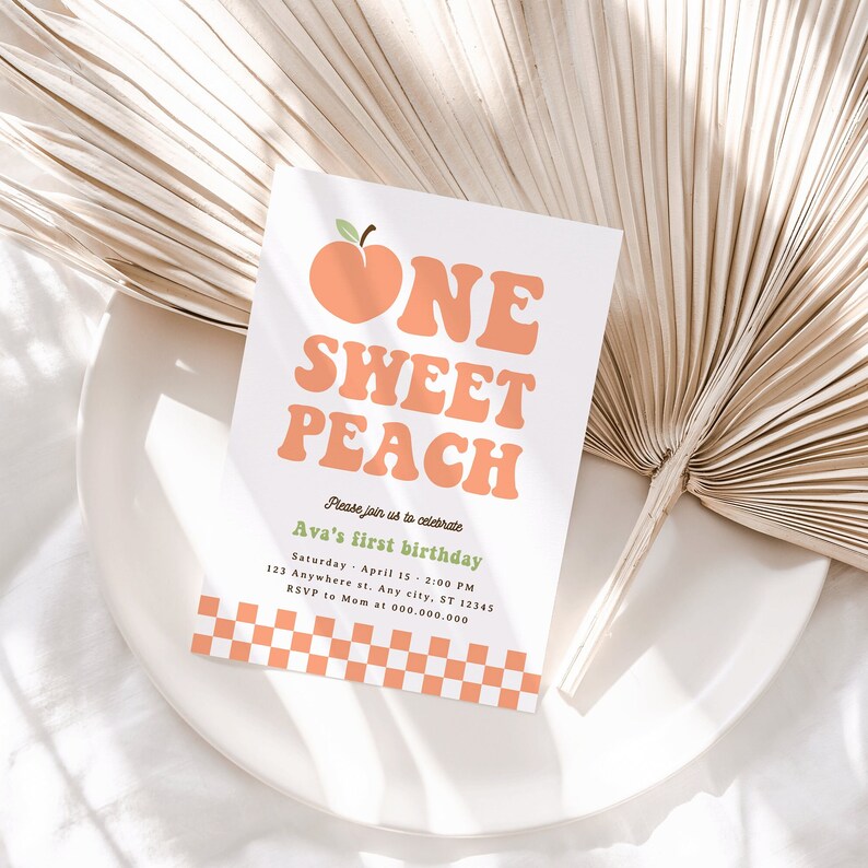 Editable One Sweet Peach Birthday Invitation, Retro Peach 1st Birthday Invitation, Groovy Peach Invite, Sweet As A Peach First Birthday image 4