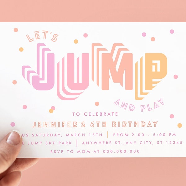 Bearbeitbare Sprung-Einladung, Trampolin-Party, Sprung-Hüpfburg einladen, lassen Sie uns springen und spielen, springen Party-Einladung, jedes Alter Mädchen-Geburtstag