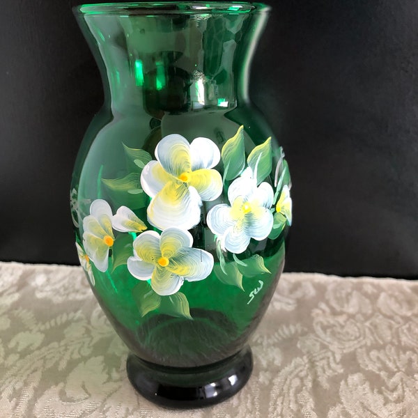 Anchor Hocking - Green Vase - Hand Painted Floral Design - Signed - Beautiful Vase