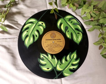 Monstera Leaves Painted on Upcyled Vinyl, Record Art, Painted Vinyl Art