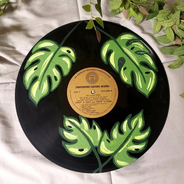 Monstera Leaves Painted on Upcyled Vinyl, Record Art, Painted Vinyl Art